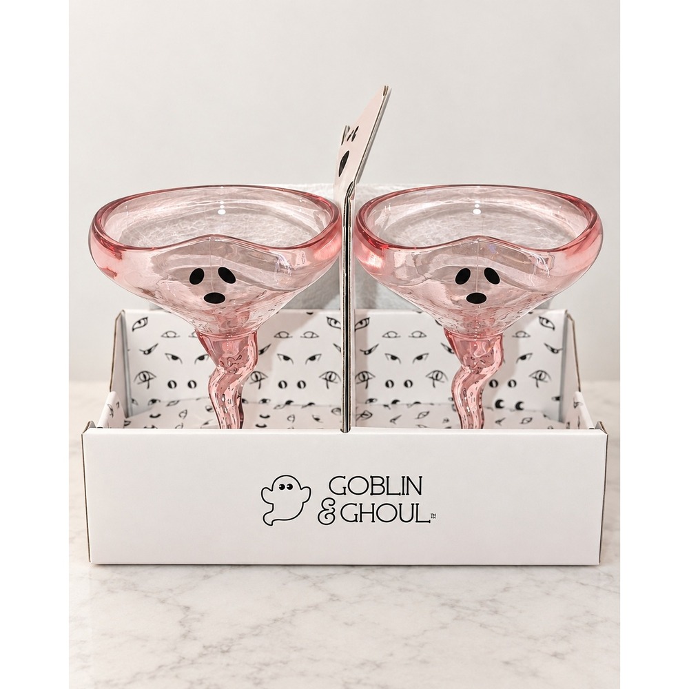 Goblin & Ghoul Pink Ghost Acrylic Margarita Glasses Set of 2 10oz Halloween NIP